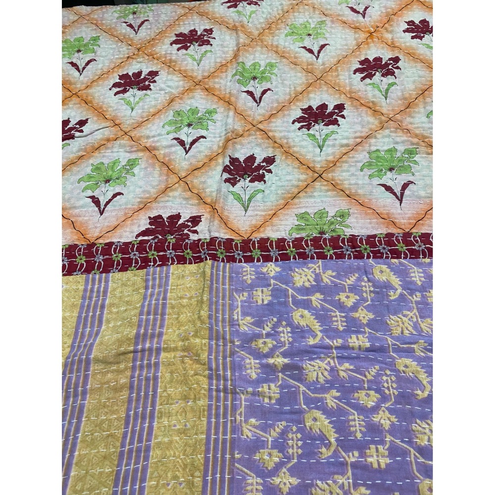 Kantha Quilt Reversible Hand Stitched Cotton Patchwork Throw Blanket Red Boho